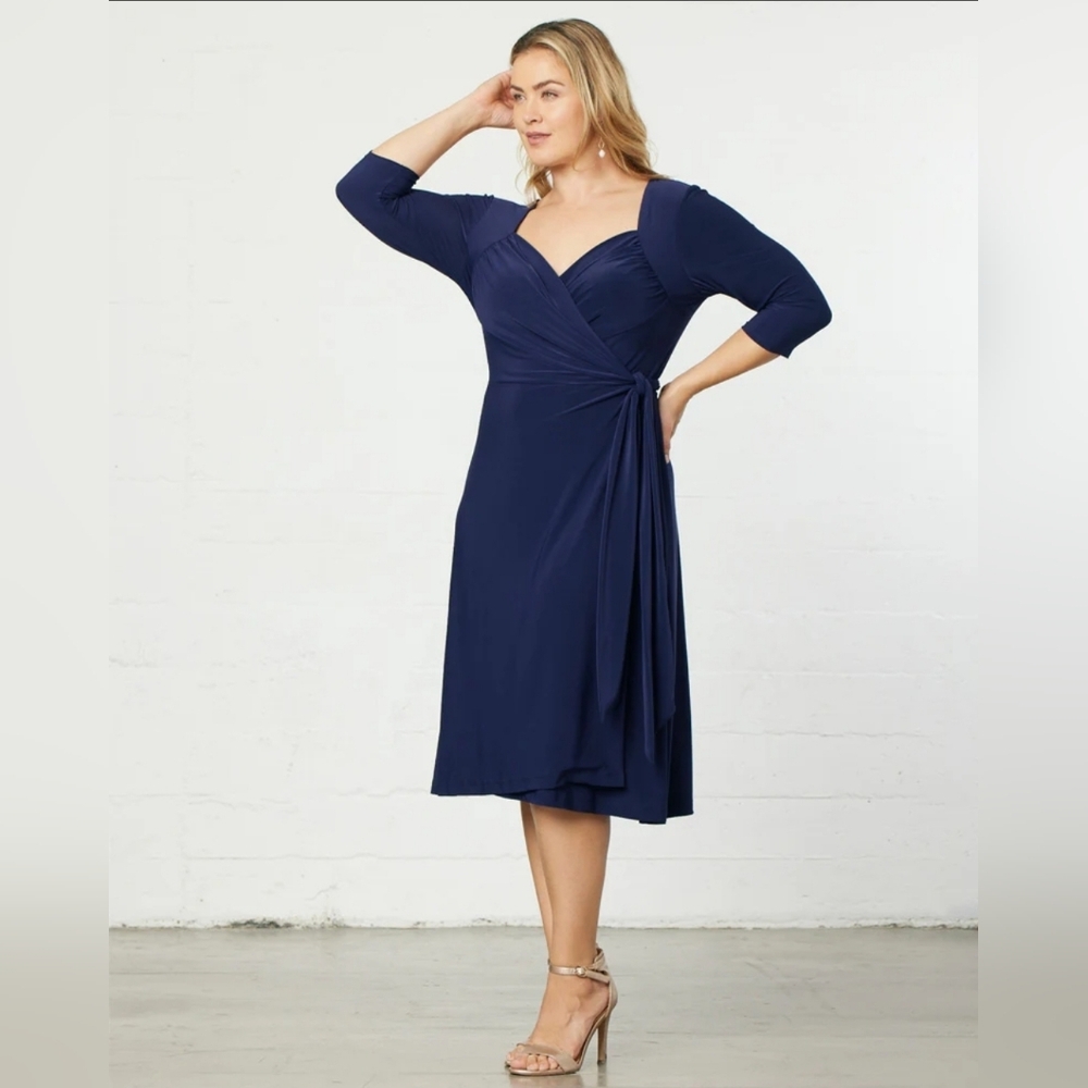 NWT NWOT Kiyonna Womens Navy Knit Sweetheart 3/4 Sleeve Midi Wrap Dress PLUS 0X